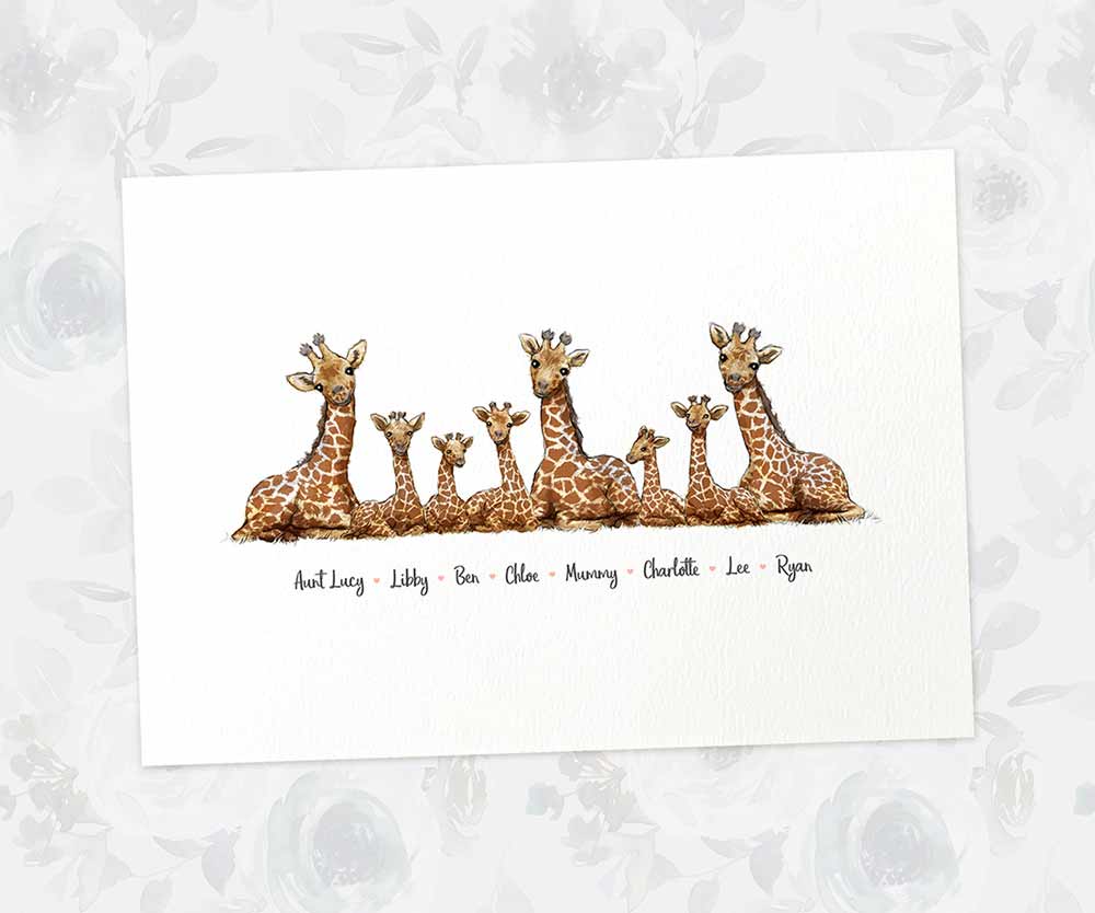 Printed A4 illustration of a giraffe family of 8 personalised with names for a special mothers day present