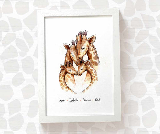 Giraffe family of 4 portrait personalised with names displayed in an A4 white wood frame for a thoughful gift for mum