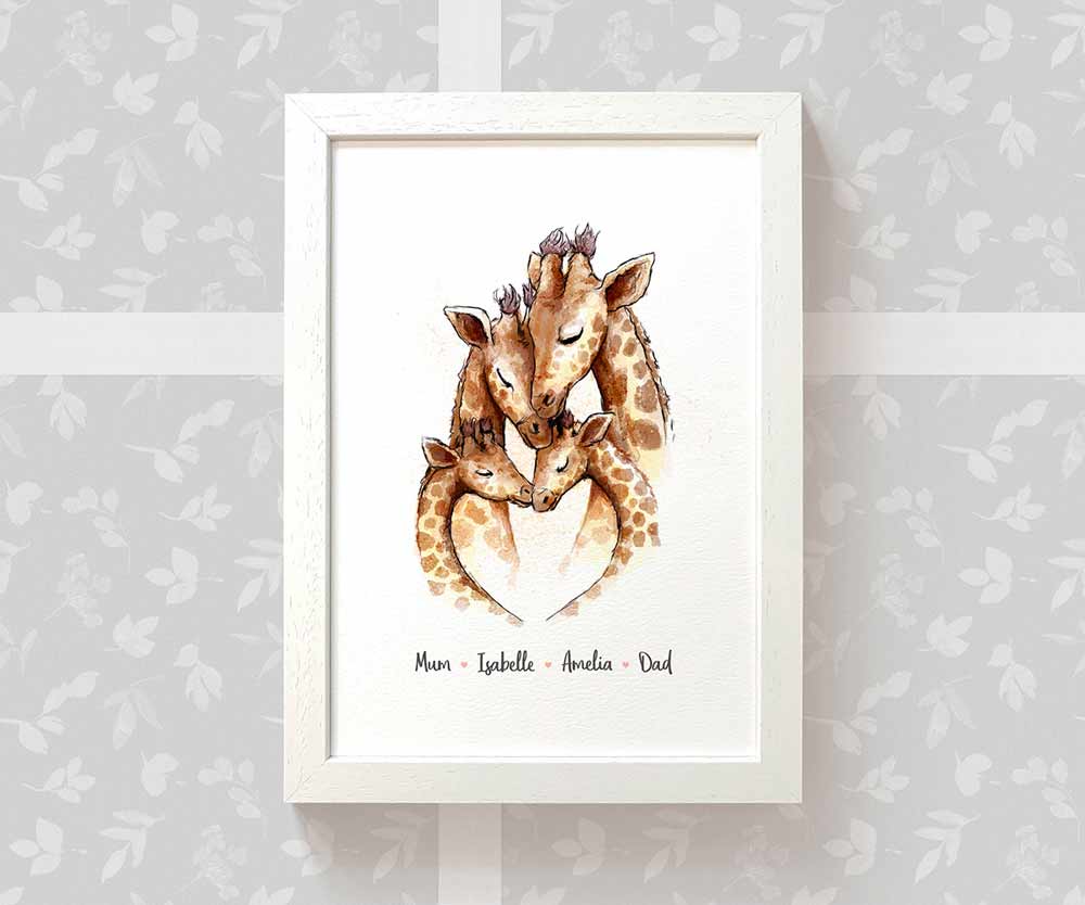Giraffe family print personalised with 4 names displayed in an A4 white wood frame for a thoughful gift for mum