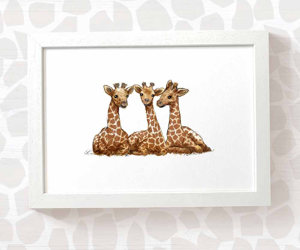 Triplet Baby Gift Safari Nursery Decor Childrens Animal Wall Art Giraffe Print Playroom Newborn First Birthday