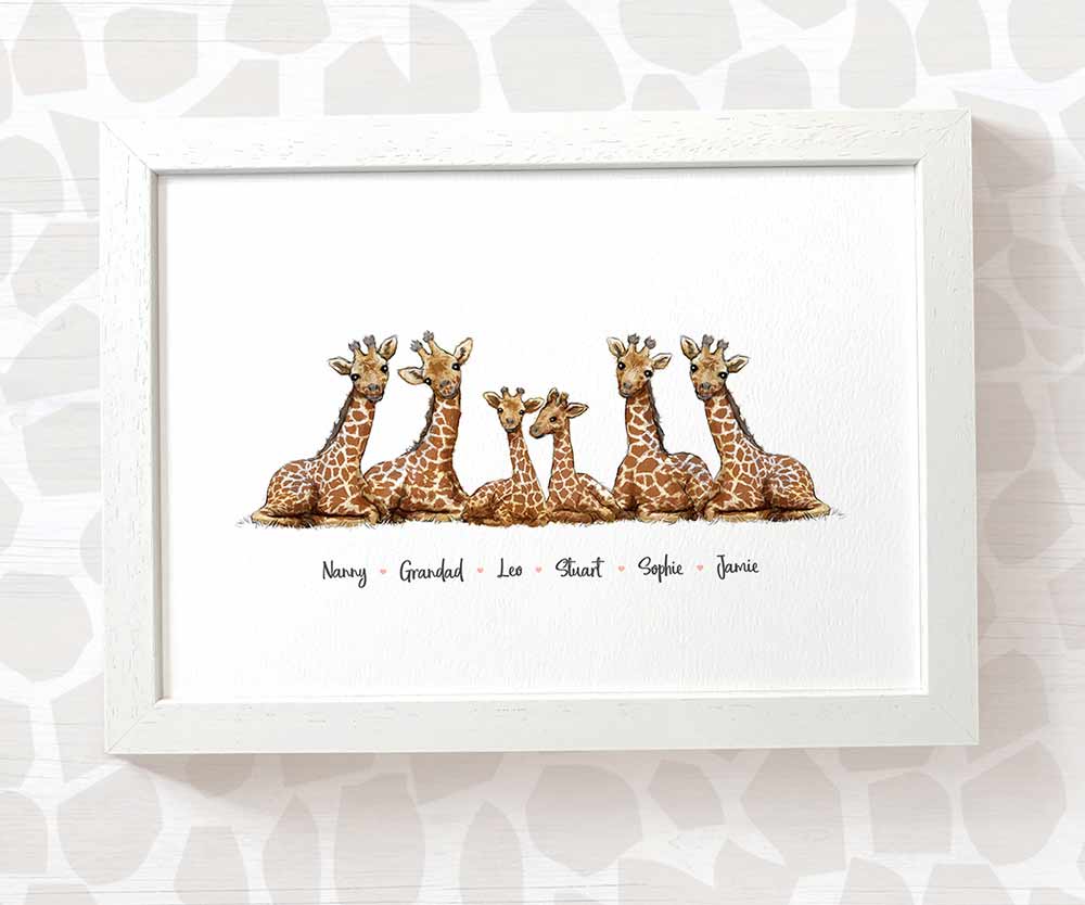 Giraffe family of 7 portrait personalised with names displayed in an A4 white wood frame for a thoughful gift for mum
