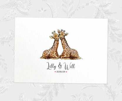 Two Giraffes A4 Unframed Print Customized With Names And Date For A Thoughtful Valentines Day Gift