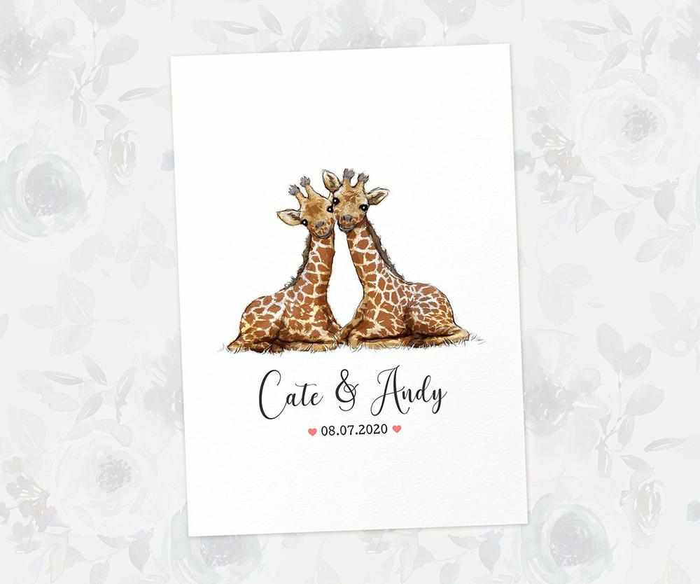 Two Giraffes A3 Unframed Art Print Personalized With Names And Date For A Heartwarming Valentines Day Gift