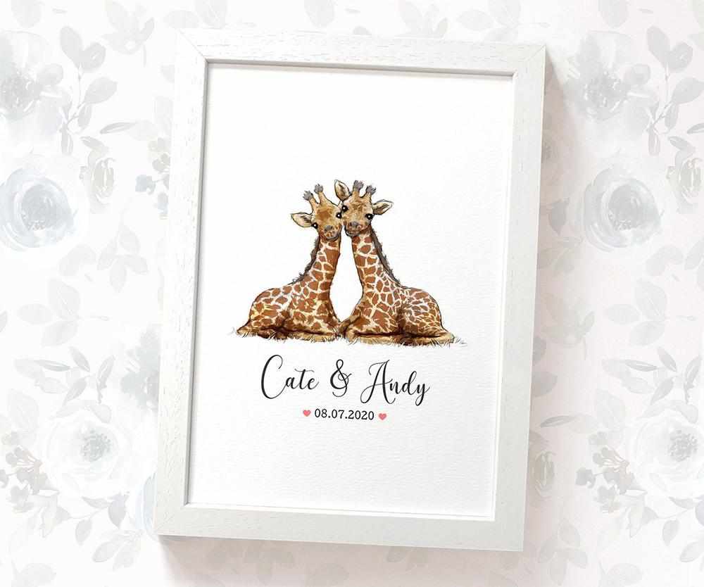 Personalized Giraffe Couple A4 Framed Print Featuring Names and Date For A Special First Anniversary Gift