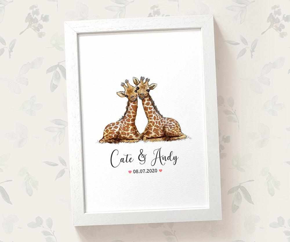 Personalized Giraffe Couple A4 Framed Print Featuring Newlywed Names And Date For A Unique Wedding Gift