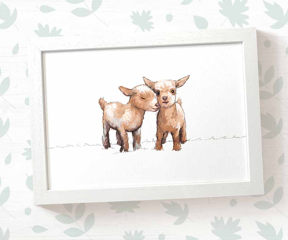 Twin Goat Farm Animals Nursery Art Print | Children's Wall Art