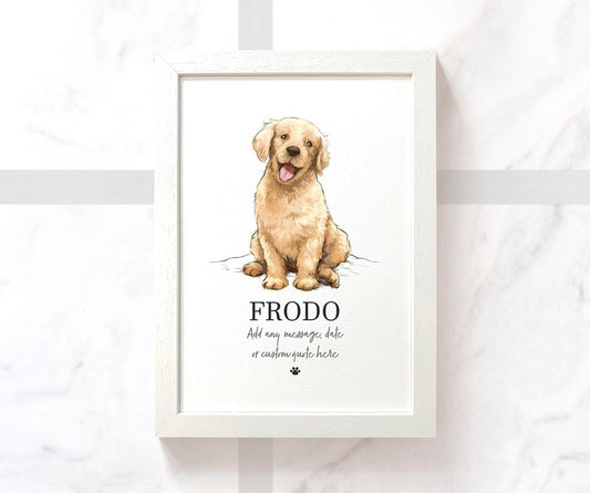 Golden Retriever Dog Puppy Pet Portrait Memorial Loss Christmas Gift Name Sign Personalised Framed Art Print