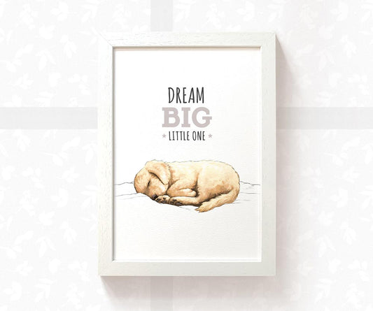 Golden Retriever Dog "Dream Big Little One" Nursery Art Print | Children's Wall Art
