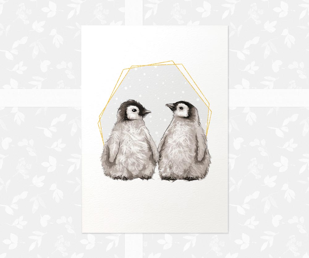 Twin Nursery Prints New Baby Shower Gift Boy Grey Penguin Childrens Wall Art Set Playroom Decor