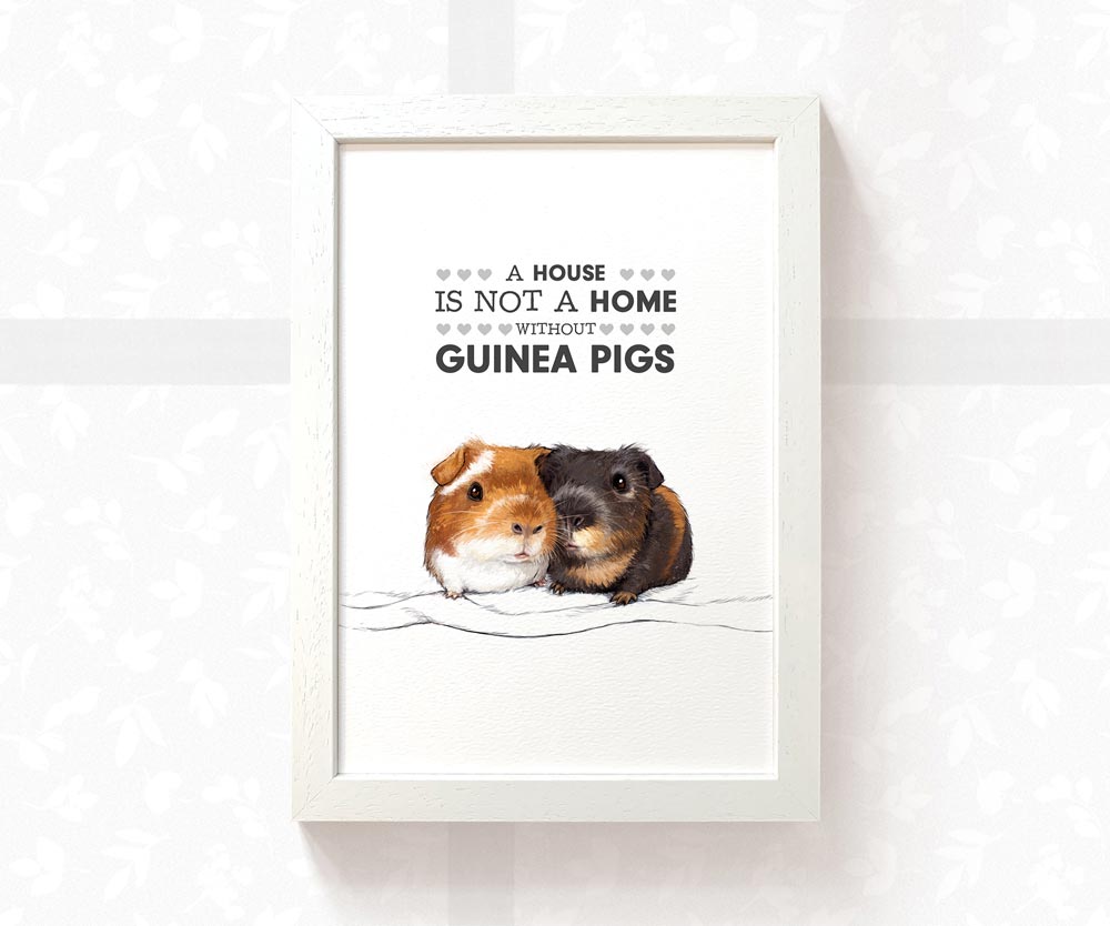 Adorable two guinea pigs A4 art print with quote 'A House is not a Home without Guinea Pigs' displayed in a white wood frame - Perfect for guinea pig lovers and pet owners