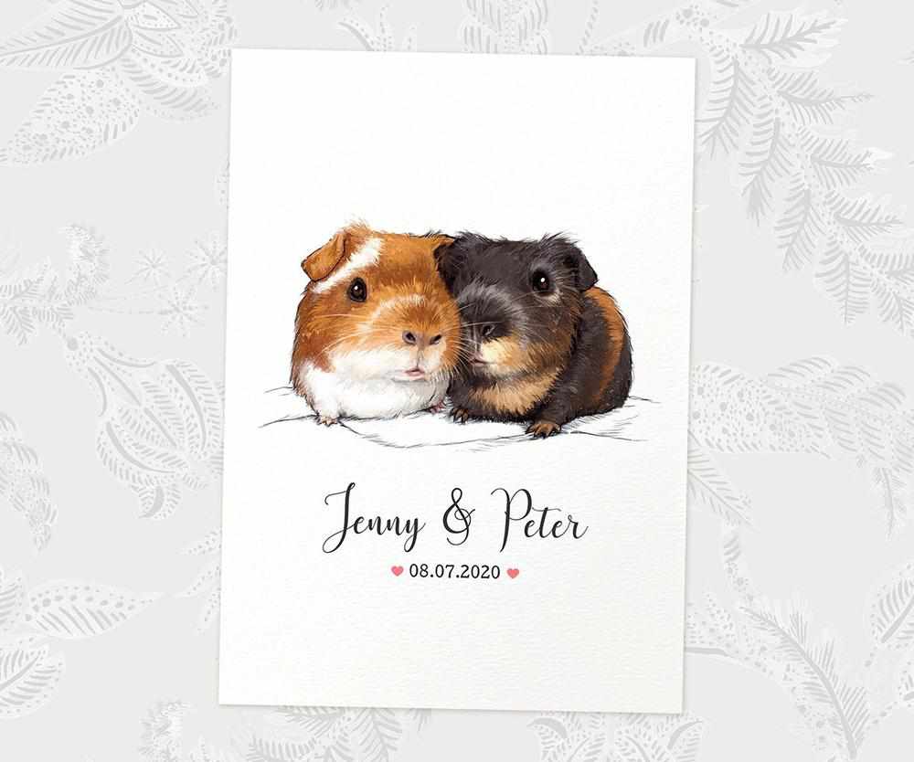 Two Guinea Pigs A3 Unframed Art Print Personalized With Names And Date For A Heartwarming Valentines Day Gift