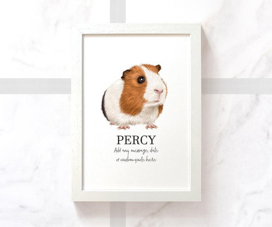 A3 framed tricolour guinea pig wall art print with personalised message and pet name Percy