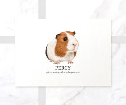 Tricolour guinea pig illustrated A4 unframed wall art print with pet name Percy in landscape orientation