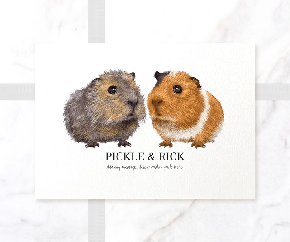 Two guinea pigs illustrated A3 print with personalised fur colours and pet names Pickle and Rick