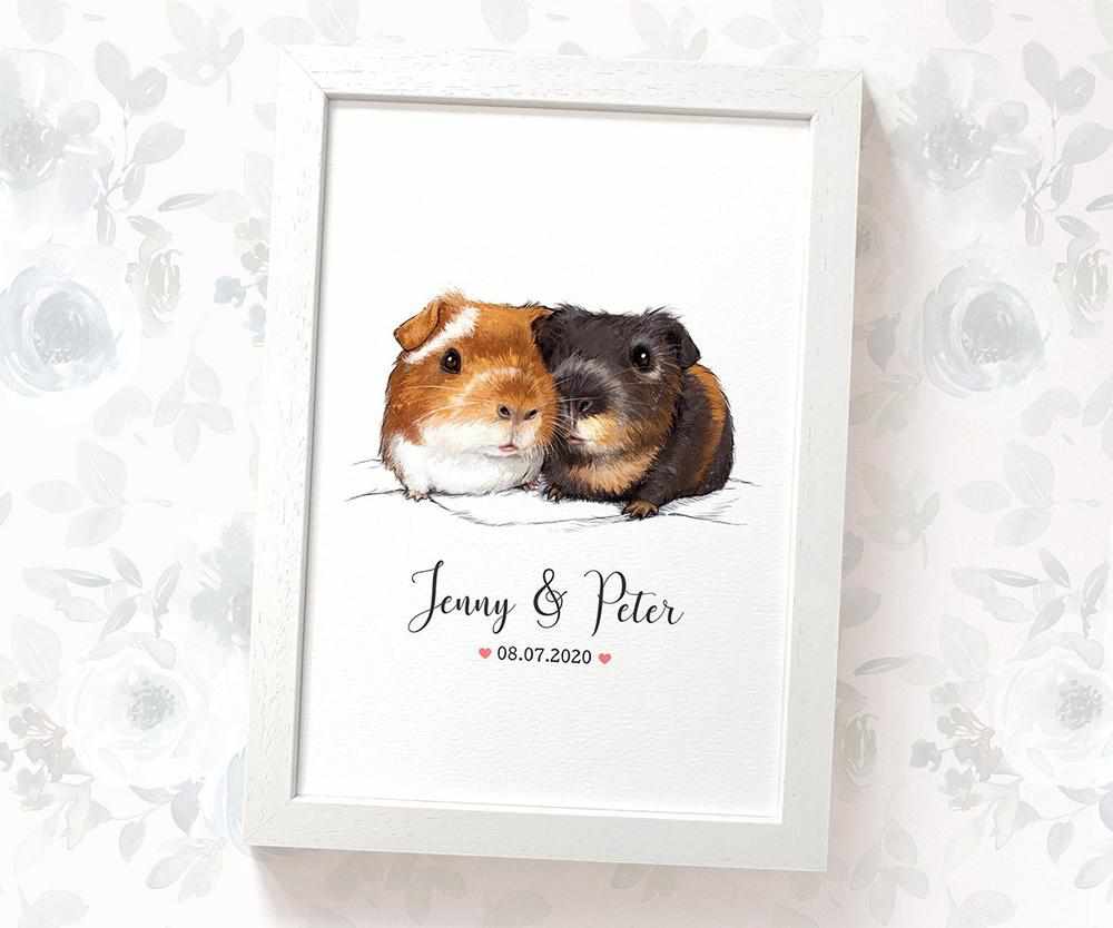 Personalized Guinea Pig Couple A4 Framed Print Featuring Names and Date For A Special First Anniversary Gift