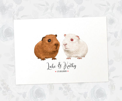 Guinea pig couple illustrated art print with personalised names and engagement date