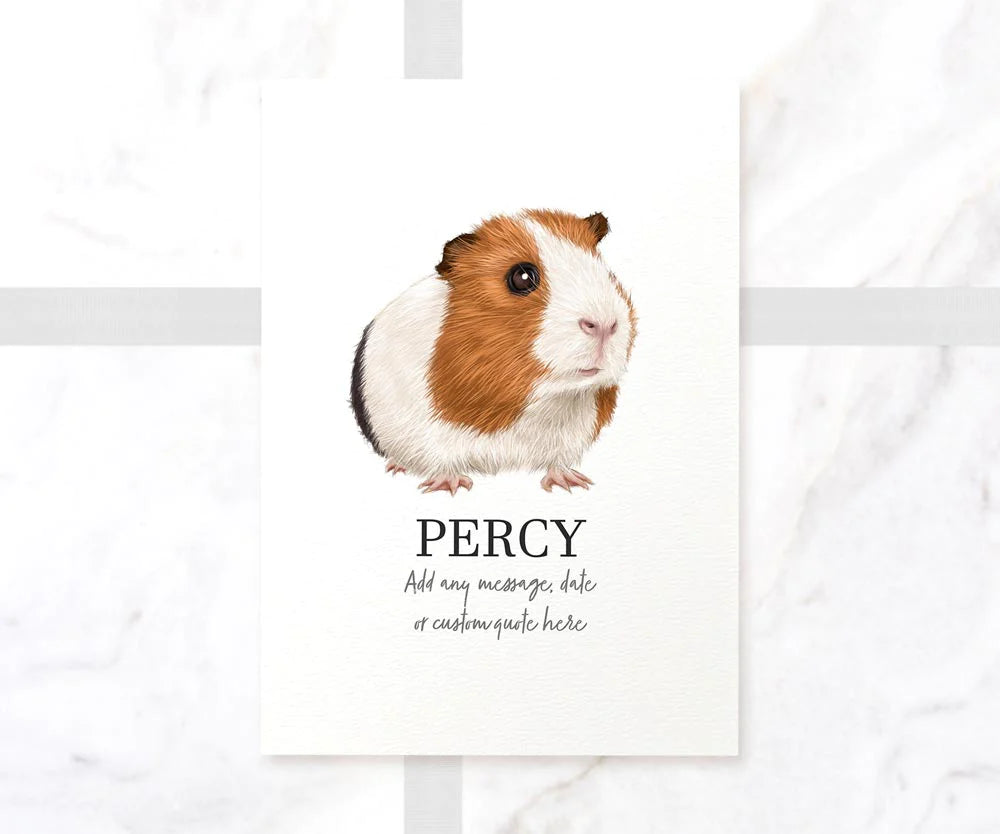 Tricolour guinea pig illustrated A4 unframed wall art print with pet name Percy in portrait orientation