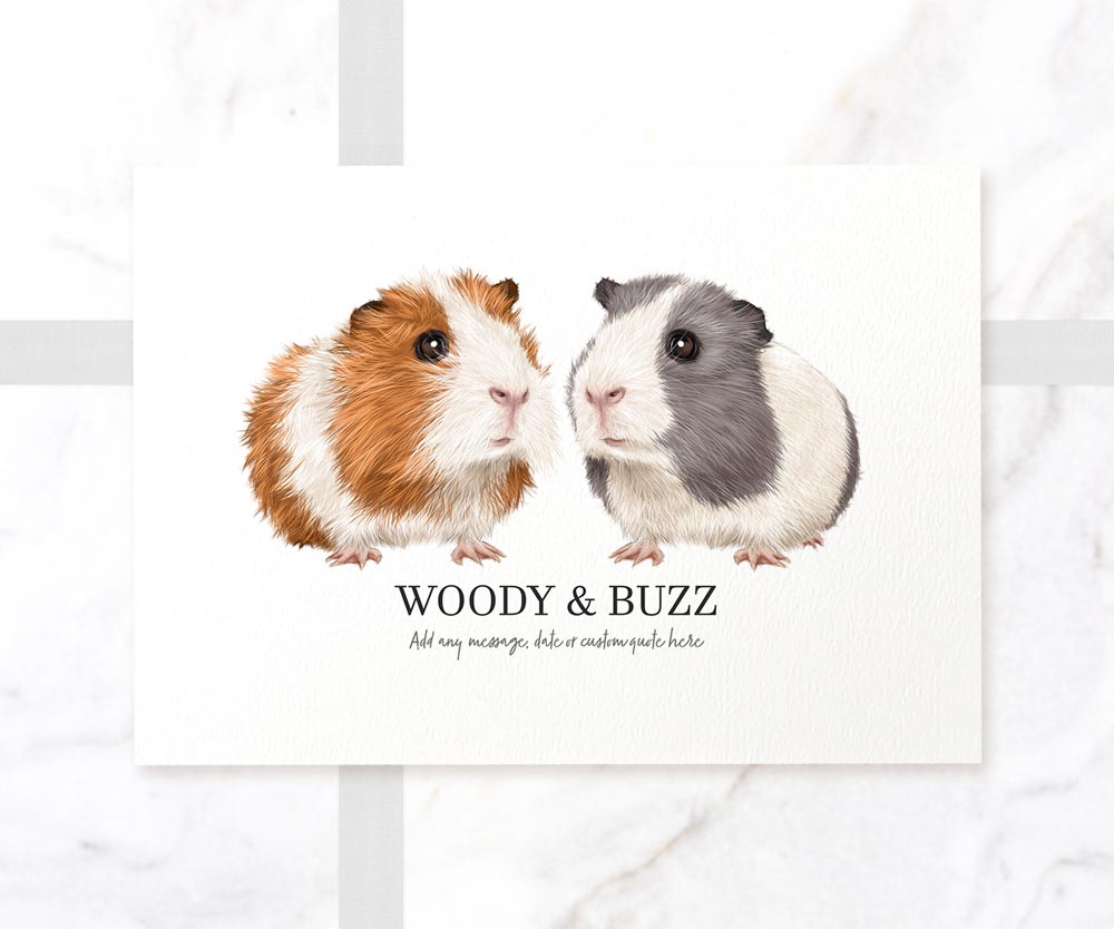 Guinea pigs customised wall art on A4 textured paper with personalised pet names Woody and Buzz