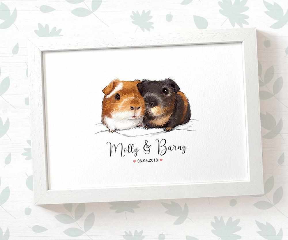 Guinea Pig Couple A4 Framed Print Personalized With Names And Date For An Exceptional First Anniversary Gift Idea
