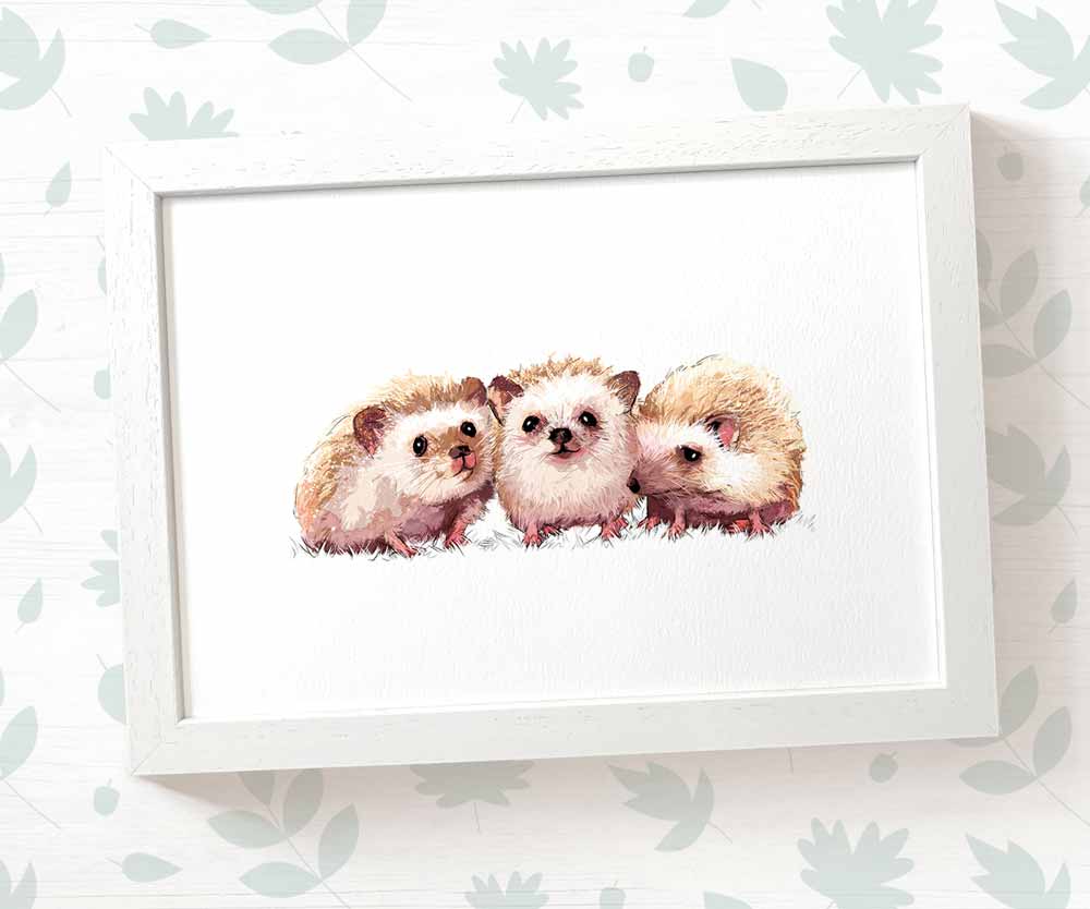 Triplet Hedgehogs Woodland Nursery Art Print | Children's Wall Art