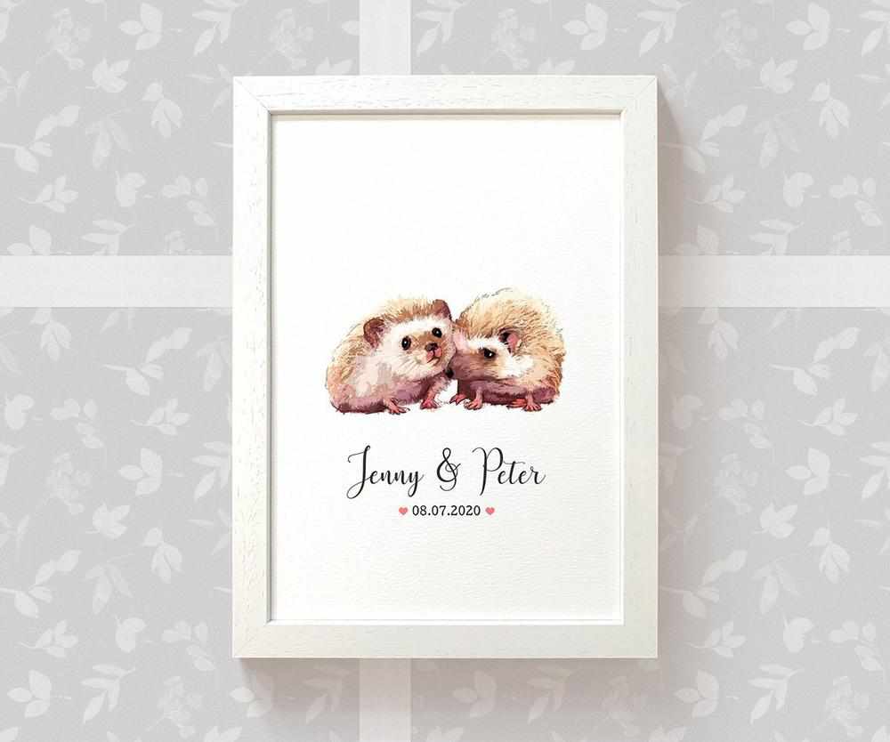 Personalized Hedgehog Couple A4 Framed Print Featuring Names and Date For A Special First Anniversary Gift