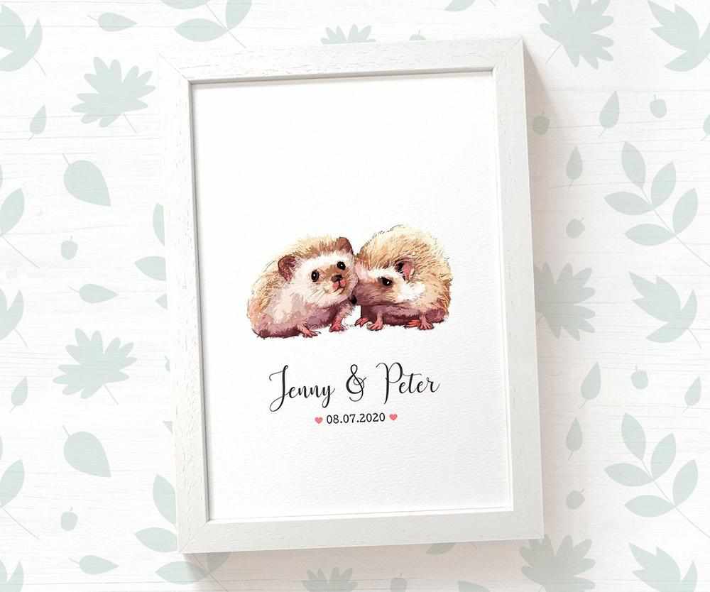 Personalized Hedgehog Couple A4 Framed Print Featuring Newlywed Names And Date For A Unique Wedding Gift