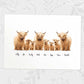 Printed A4 illustration of a highland cow family of 8 personalised with names for a special mothers day present