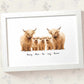 Highland cows family of five portrait personalised with names displayed in an A4 white wood frame for a thoughful gift for mum