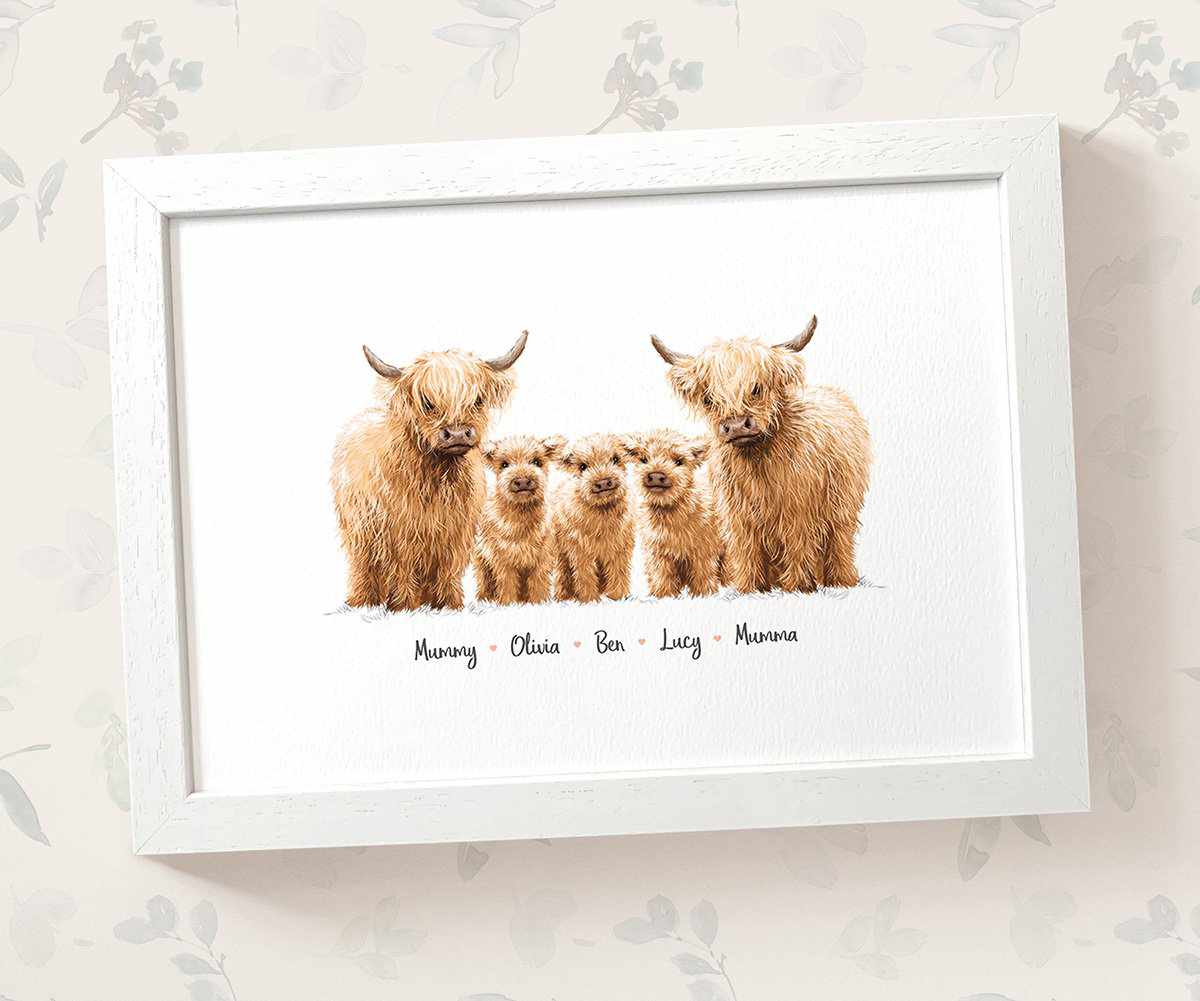 Highland cows family of five portrait personalised with names displayed in an A4 white wood frame for a thoughful gift for mum