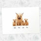 Scottish highland cow A3 family print featuring Dad and three children with names beneath for a unique birthday gift