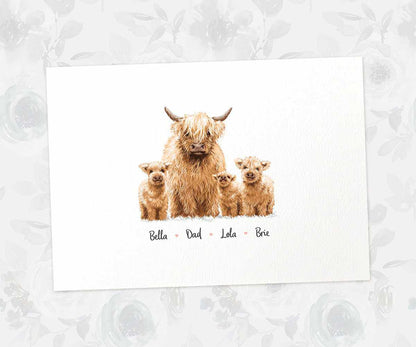 Scottish highland cow A3 family print featuring Dad and three children with names beneath for a unique birthday gift