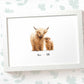 Framed A3 highland cow print featuring a mum and baby with names for the best mothers day gift