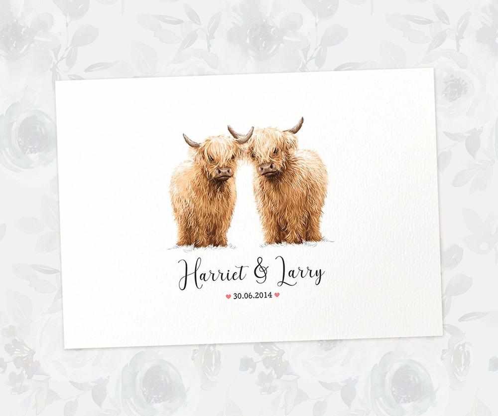 Two Highland Cows A3 Unframed Art Print Personalized With Names And Date For A Heartwarming Valentines Day Gift