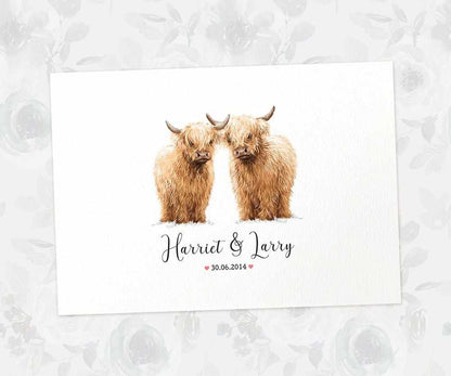 Two Highland Cows A3 Unframed Art Print Personalized With Names And Date For A Heartwarming Valentines Day Gift