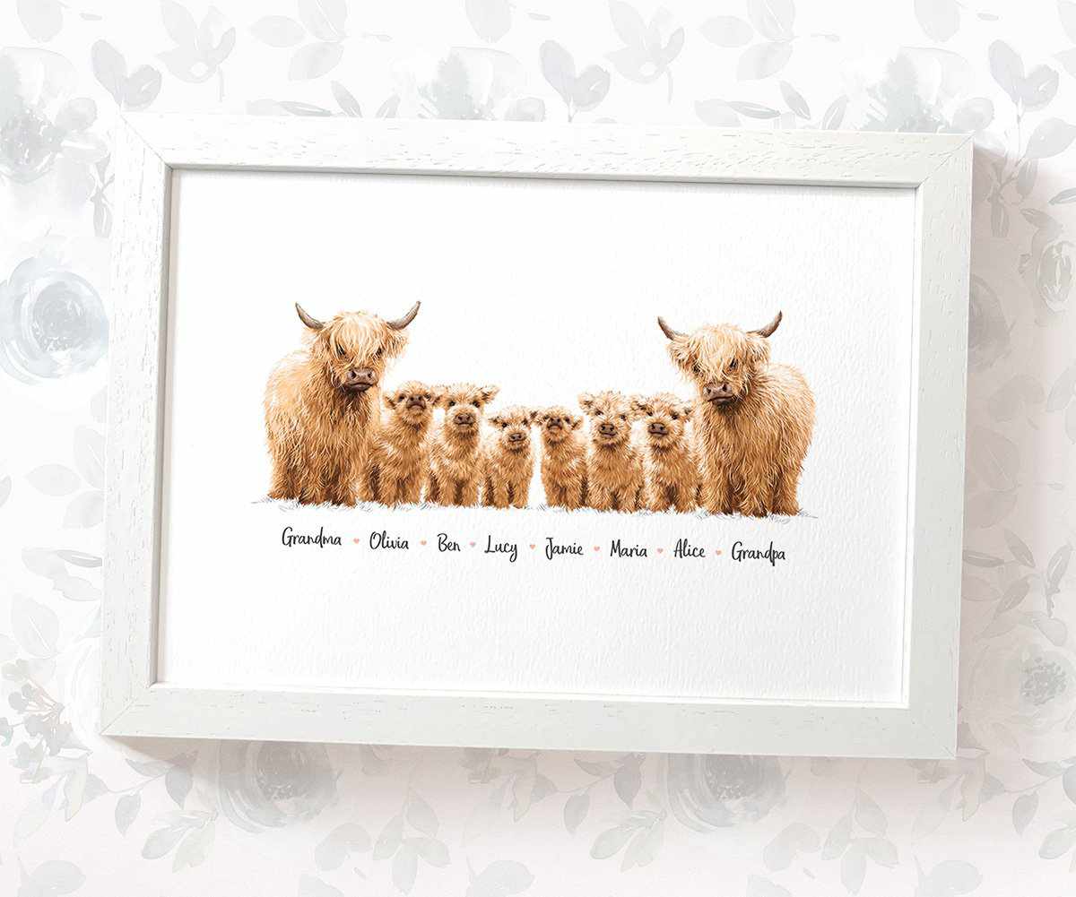 Highland cow family portrait featuring grandma grandad and grandchildren and personalised names for the best grandparents gift