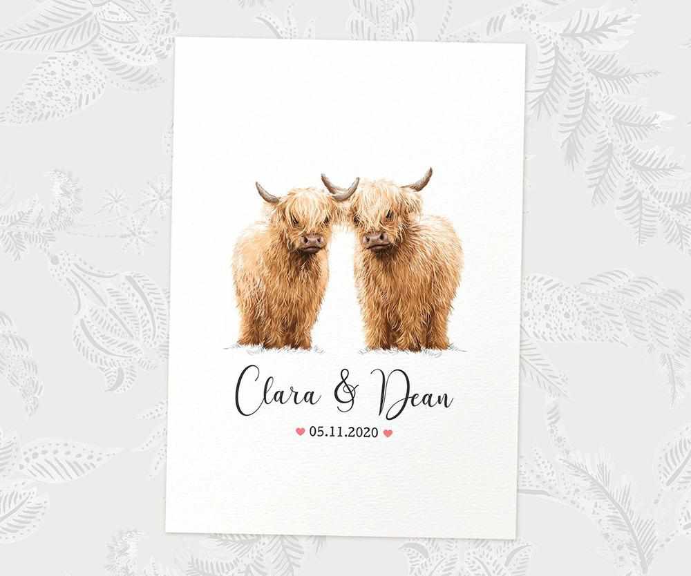 Two Highland Cows A4 Unframed Print Customized With Names And Date For A Thoughtful Valentines Day Gift