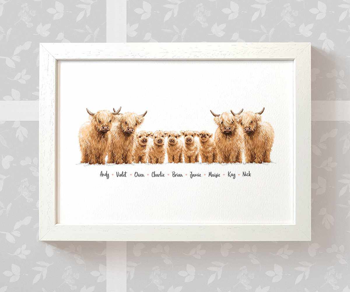 White framed A4 family portrait of scottish highland cows with personalised names for the perfect birthday gift for mum