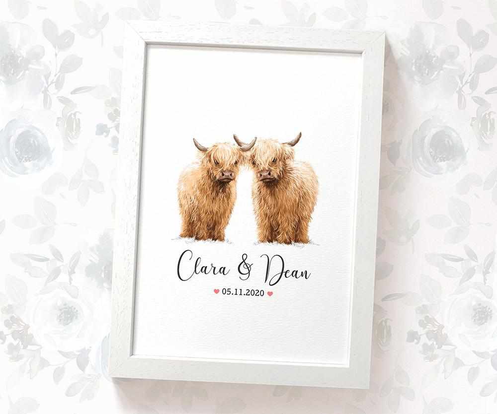 Personalized Highland Cow Couple A4 Framed Print Featuring Names and Date For A Special First Anniversary Gift