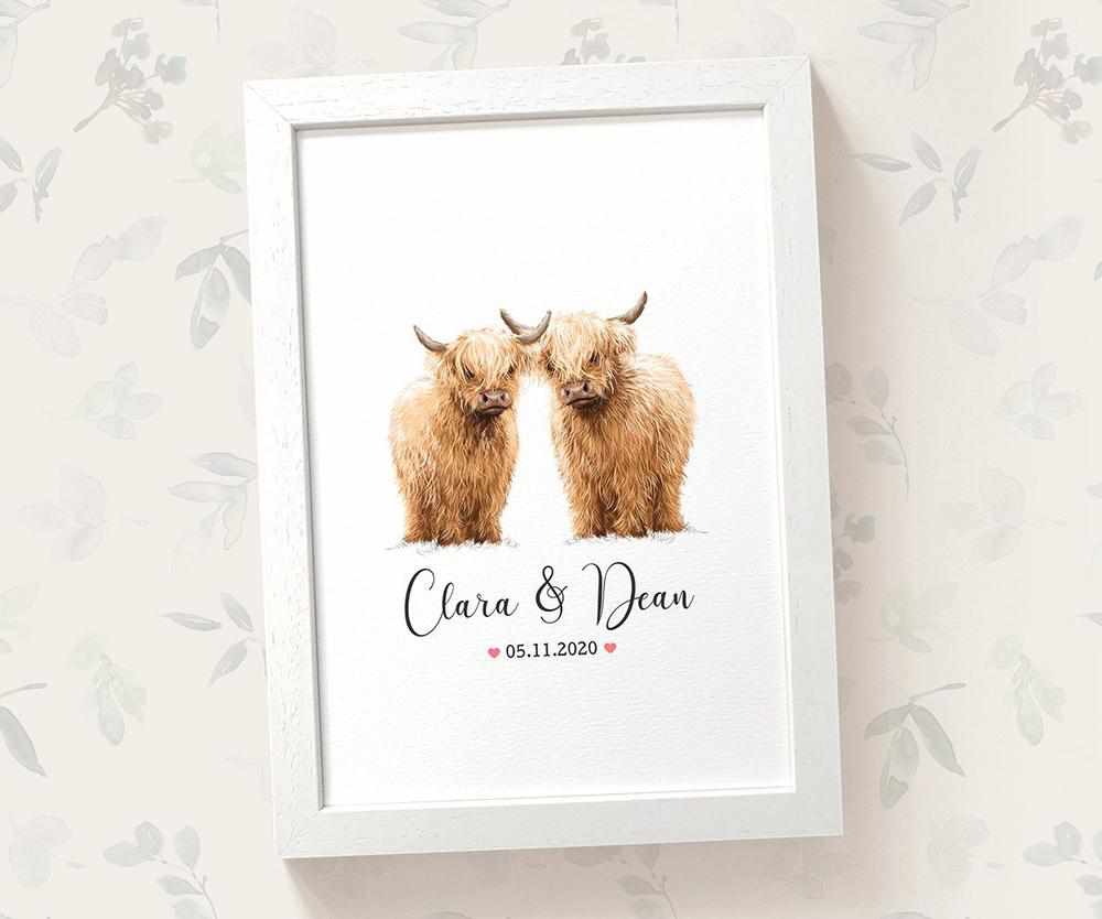 Personalized Highland Cow Couple A4 Framed Print Featuring Newlywed Names And Date For A Unique Wedding Gift