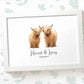 Highland Cow Couple A4 Framed Print Personalized With Names And Date For An Exceptional First Anniversary Gift Idea