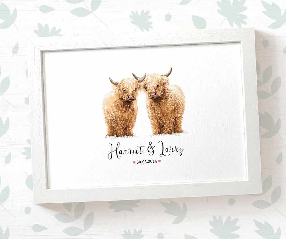Highland Cow Couple A4 Framed Print Personalized With Names And Date For An Exceptional First Anniversary Gift Idea