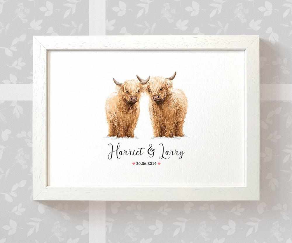 Personalized Highland Cow Couple A3 Framed Print Featuring Names And Date For A Memorable 50th Anniversary Gift For Parents