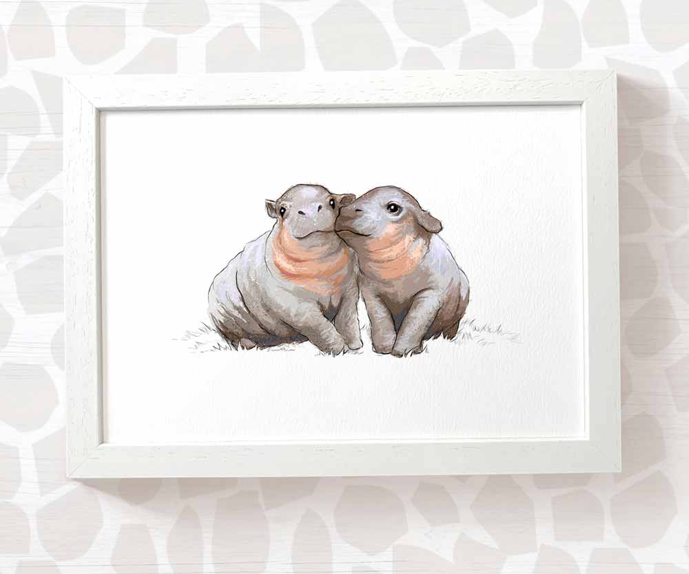 Twin Baby Gift Safari Nursery Decor Childrens Animal Wall Art Hippo Print Playroom Newborn First Birthday