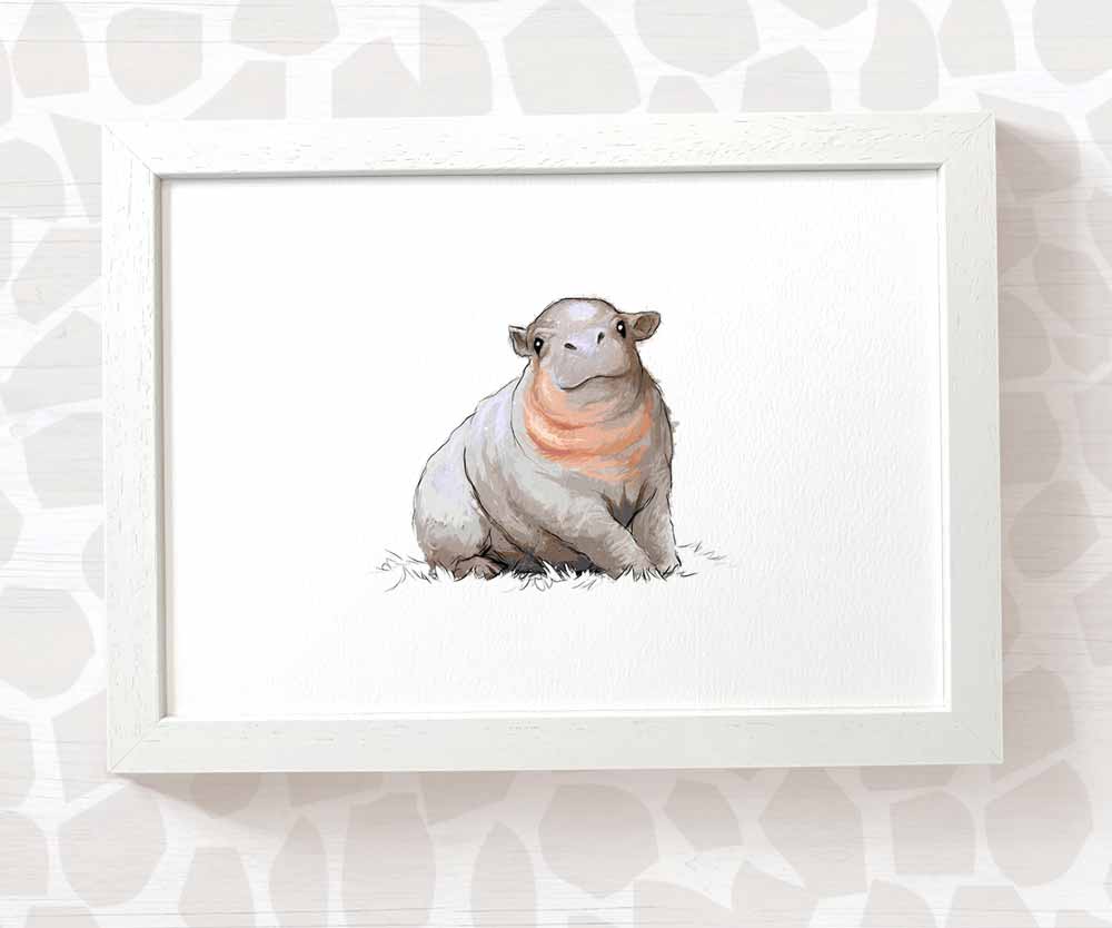 Newborn Baby Shower Gift Safari Nursery Decor Kids Animal Wall Art Hippo Print First Birthday Framed