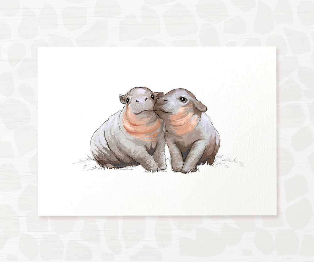 Safari Nursery Prints Twin New Baby Shower Gift Ideas Hippo Animal Wall Art Set Playroom Decor