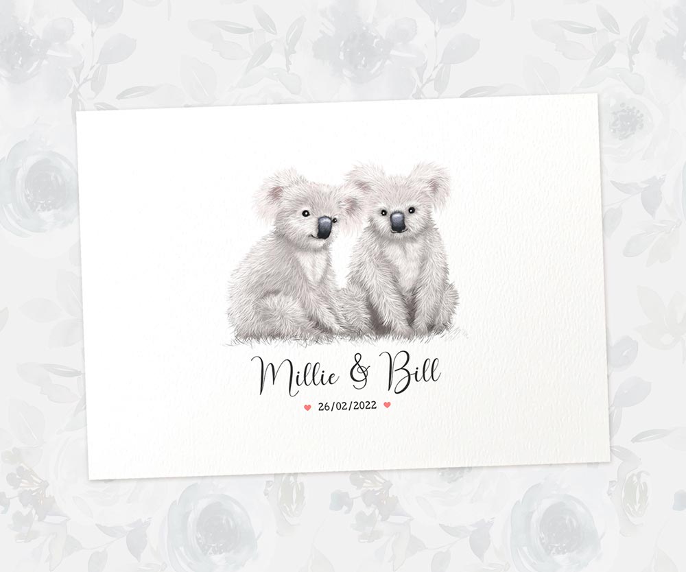 Two Koalas A4 Unframed Print Customized With Names And Date For A Thoughtful Valentines Day Gift