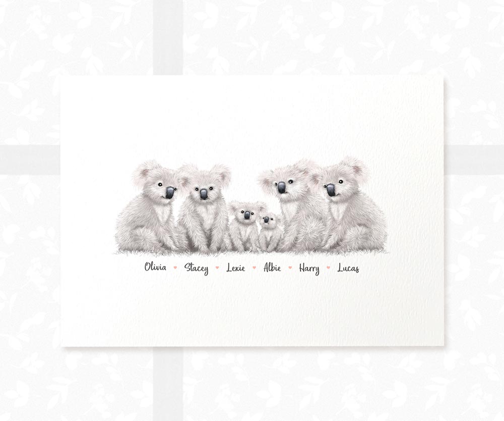 Printed A4 family of 6 koalas personalised with names for a special mothers day present