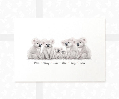 Printed A4 family of 6 koalas personalised with names for a special mothers day present