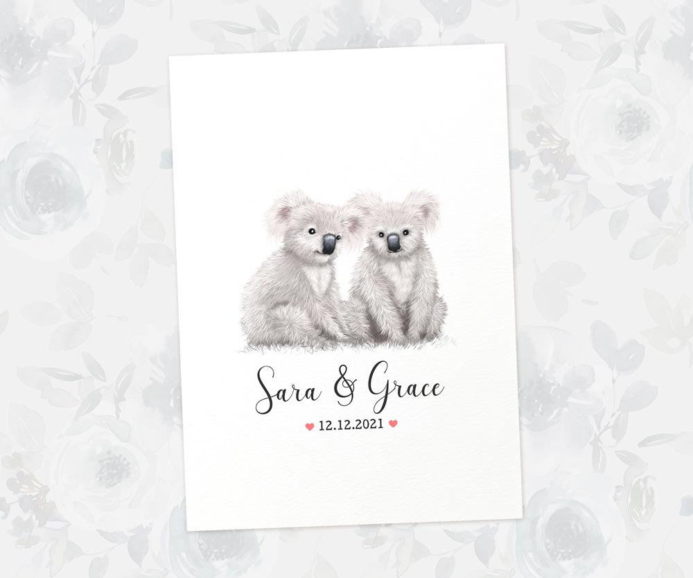 Two Koalas A3 Unframed Art Print Personalized With Names And Date For A Heartwarming Valentines Day Gift