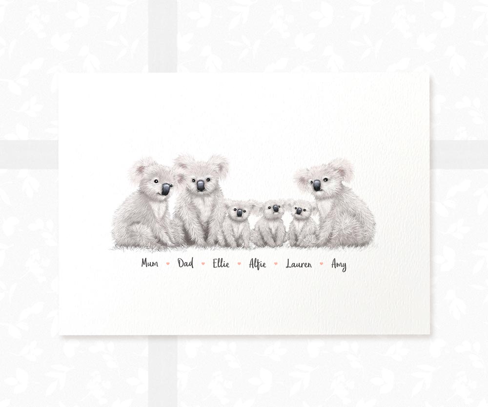 A4 family portrait of 6 koalas with personalised names for the perfect birthday gift for mum